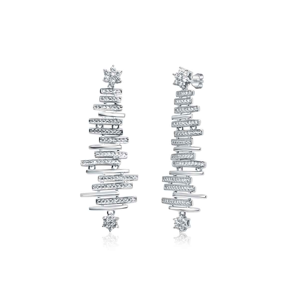 Upgrade your style with Raajraani's Zic Zac Silver Zirconia Danglers. These 925 sterling silver earrings feature sparkly zirconia stones in a unique zic zac design. Perfect for any party and finished with rhodium for a lasting shine. Elevate your look and feel confident with these danglers.