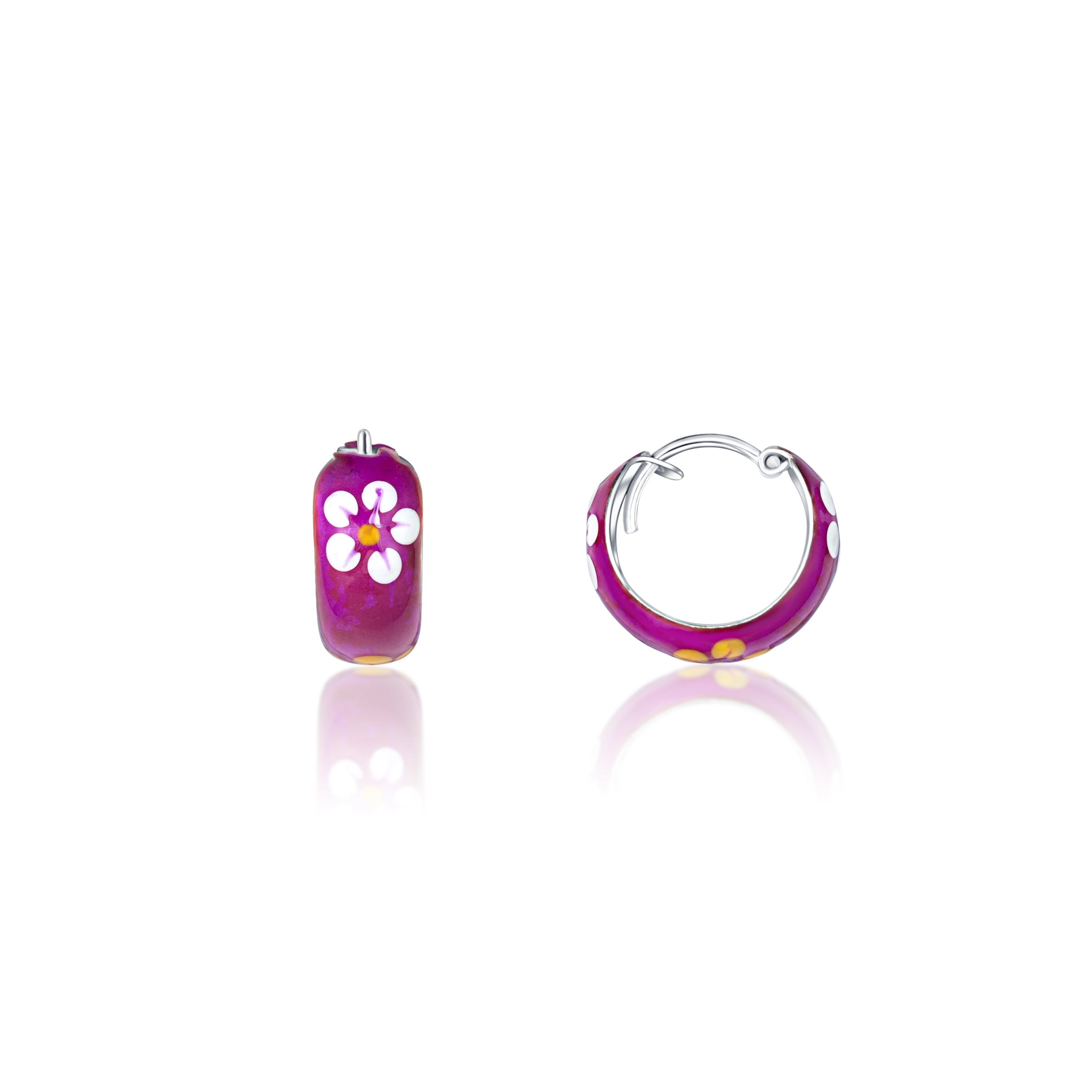 92.5 sterling silver hoops/baali with purple enamel and yellow printed flowers finished in silver and hinged back closure 
