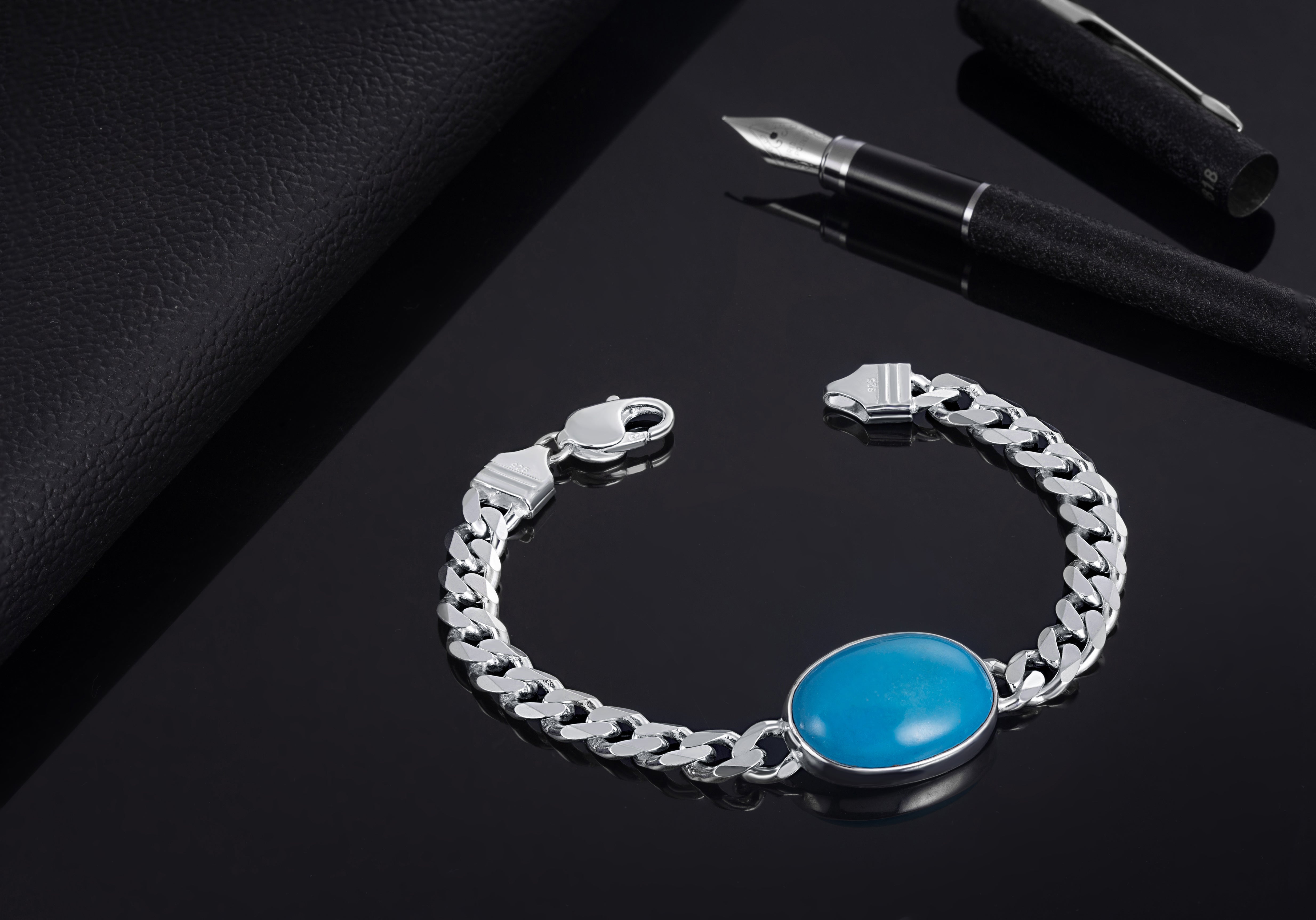 92.5 sterling silver chain bracelet for men and boys with turquoise stone dial also known as salman bracelet