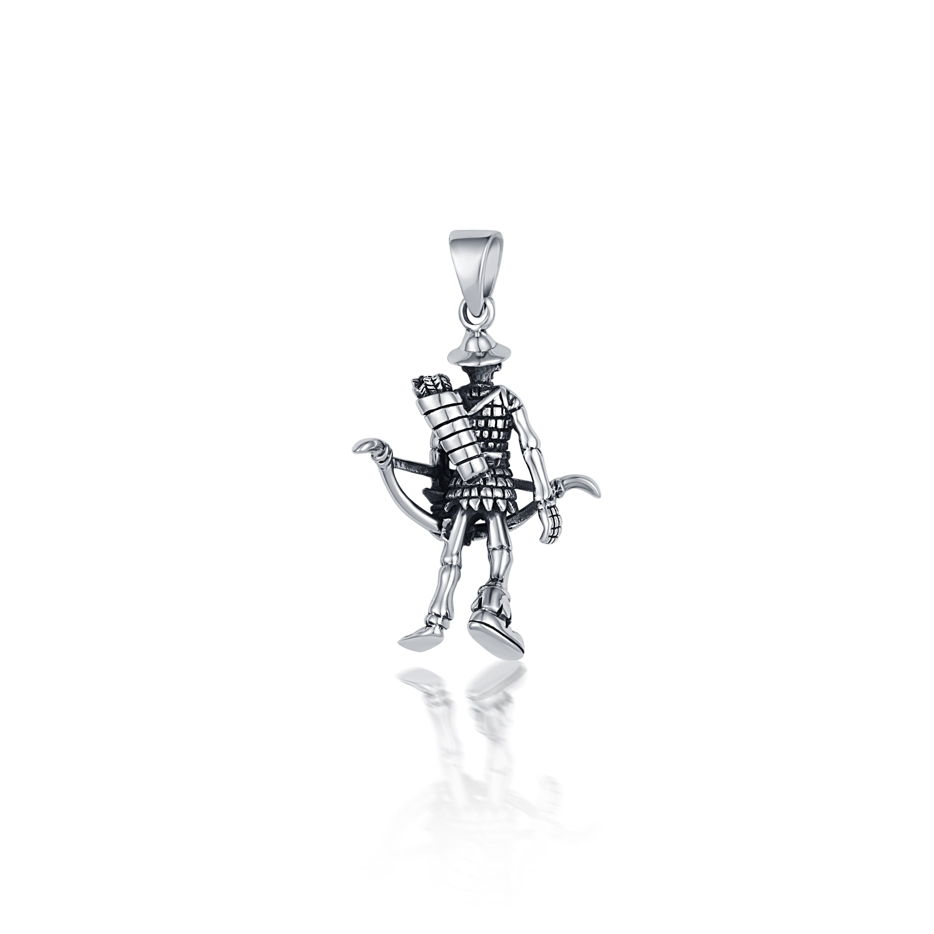 92.5 sterling silver oxidized pendant features a skeleton with bow and arrow