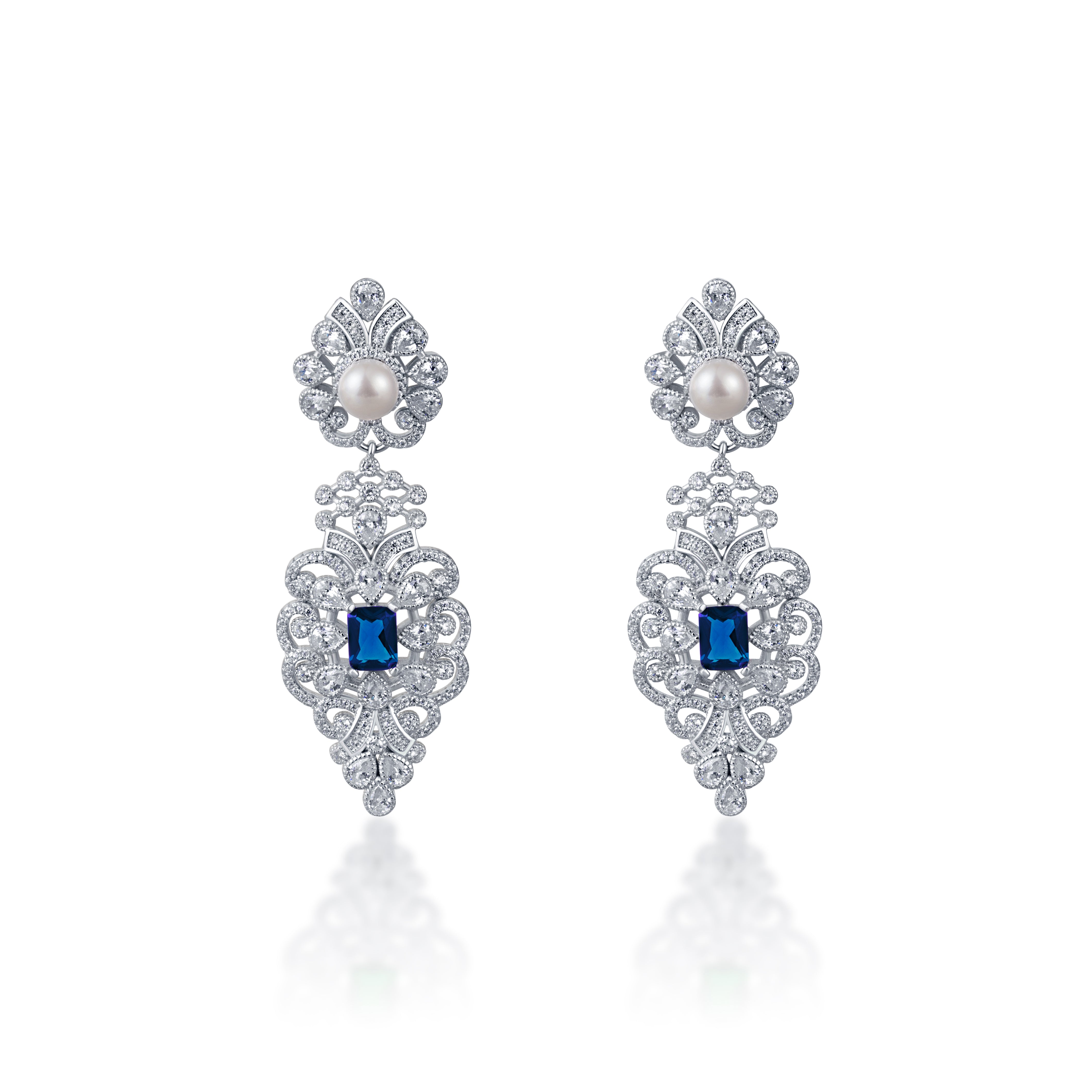 92.5 sterling silver chandelier earring embedded with blue stone, sparkling zirconias and pearls from cocktail range
