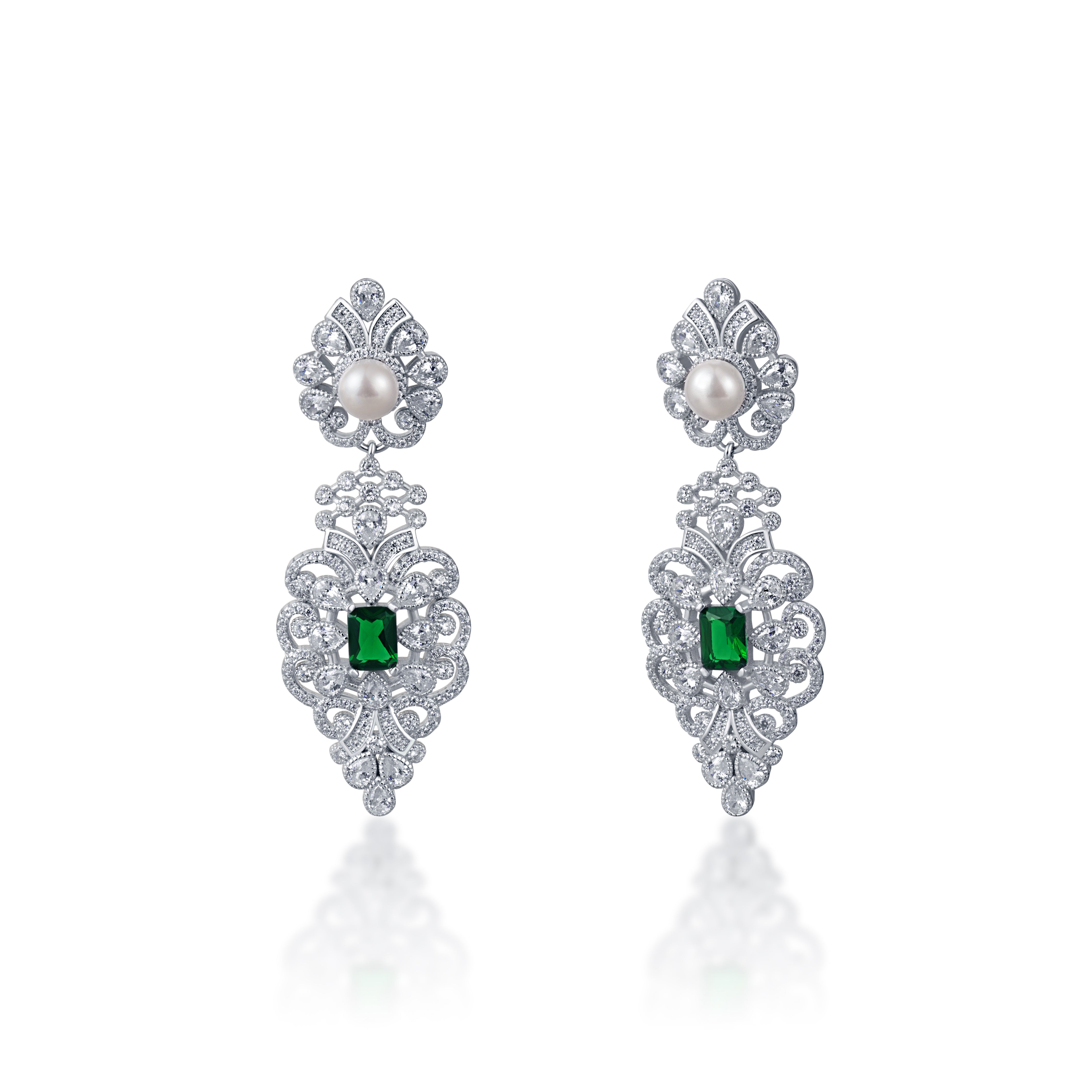 92.5 sterling silver chandelier earring embedded with green stone, sparkling zirconias and pearls from cocktail range