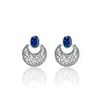 92.5 Sterling silver Moon motif Dangler earrings  oxidized finish and blue color stone studded with marcasite
