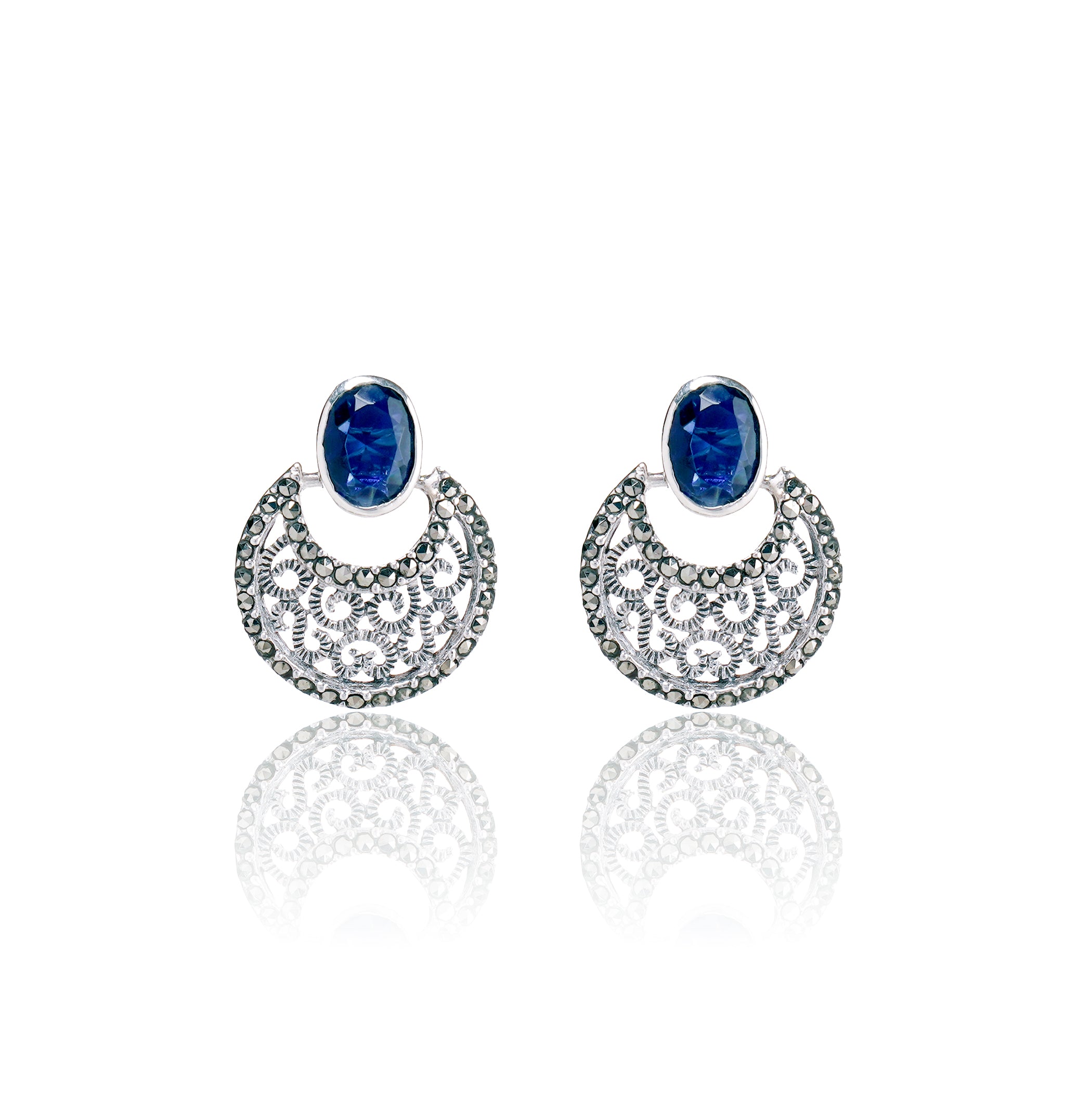 92.5 Sterling silver Moon motif Dangler earrings  oxidized finish and blue color stone studded with marcasite
