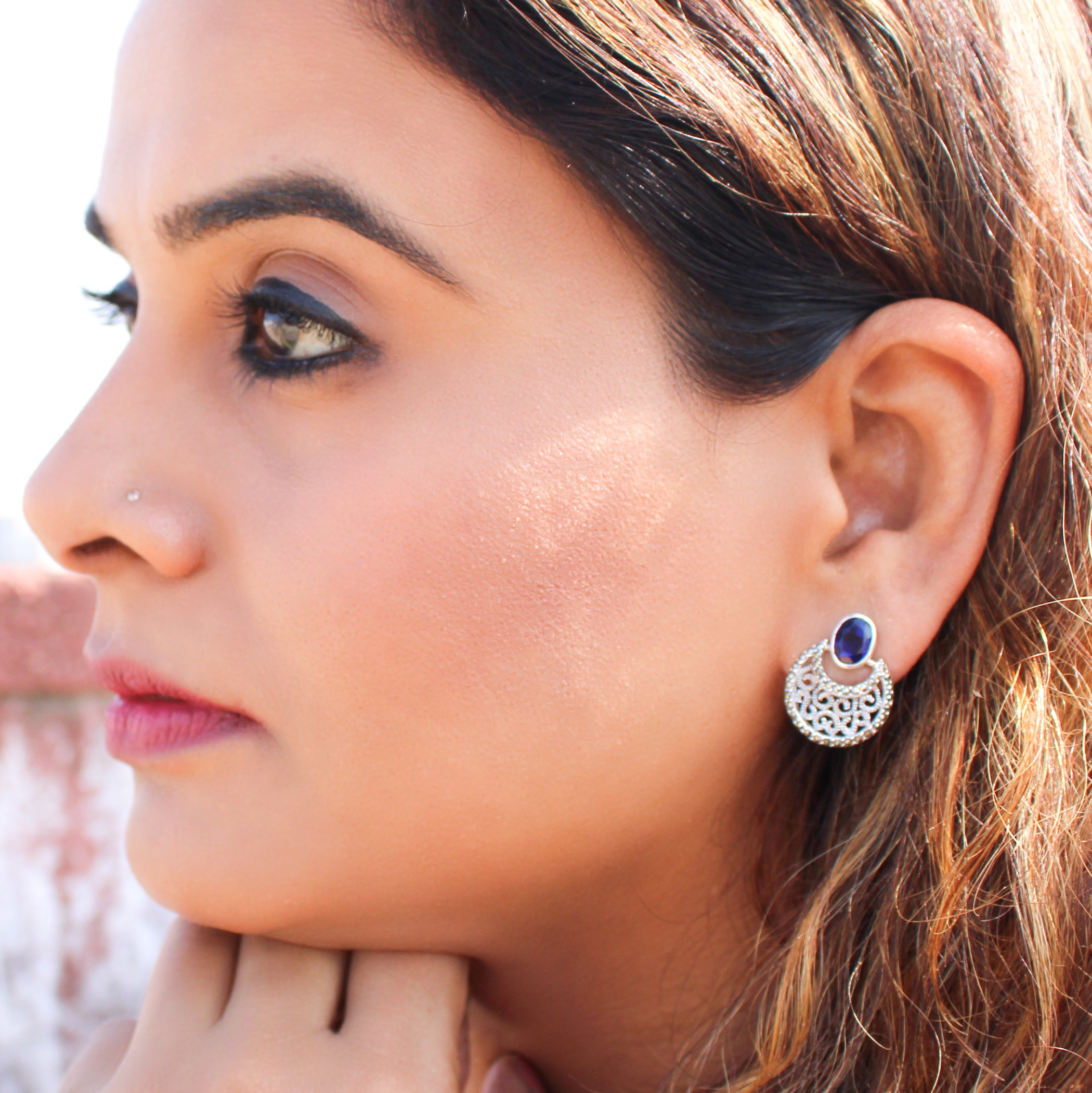 92.5 Sterling silver Moon motif Dangler earrings  oxidized finish and blue color stone studded with marcasite