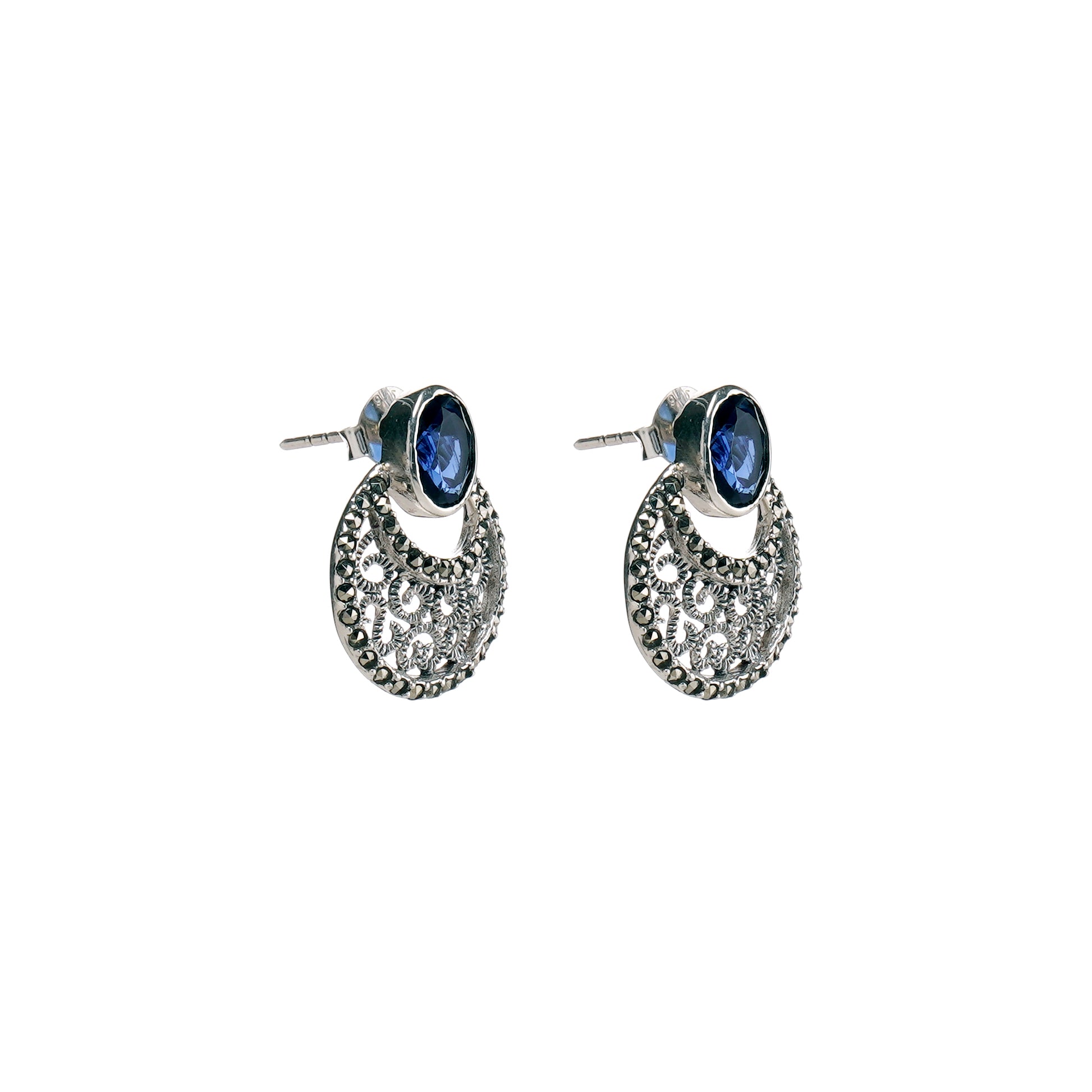 92.5 Sterling silver Moon motif Dangler earrings  oxidized finish and blue color stone studded with marcasite