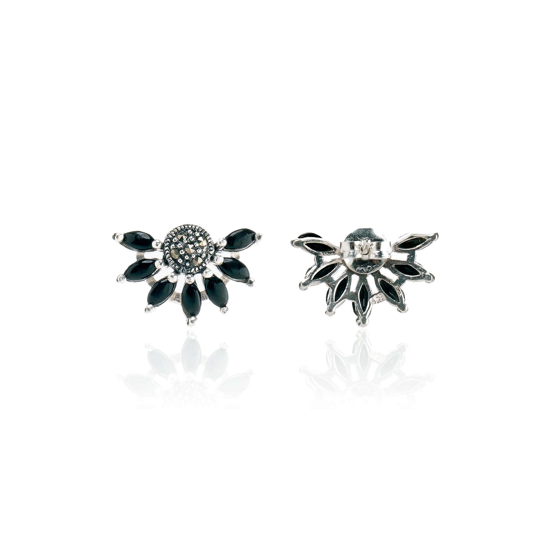 Black Magical Flower Studs Silver Earrings Raajraani