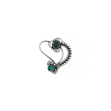 Sterling silver Maharashtrian Nath with green stones and flower motif for right nostril