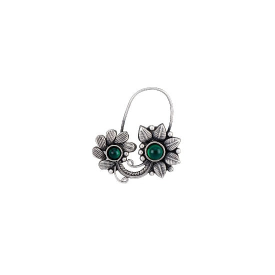 oxidised finish Maharshtrian Nath in sterling silver with emeralds embedded in flower motifs.