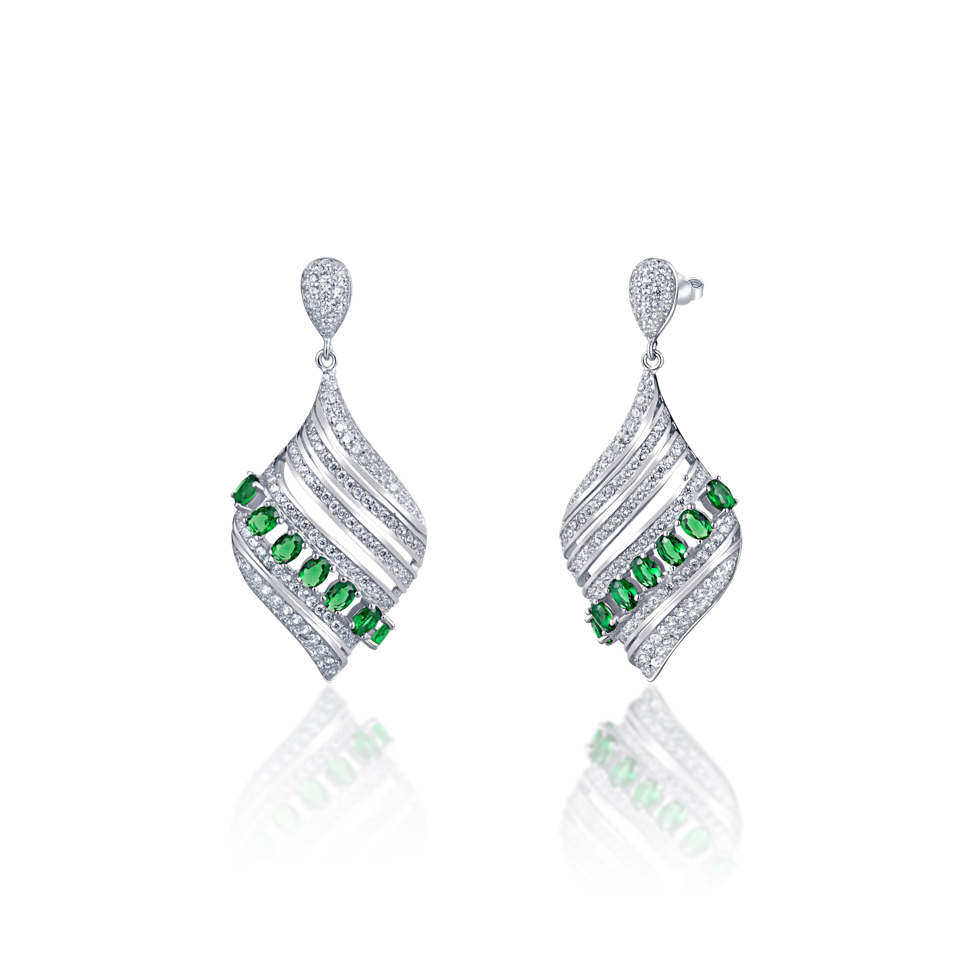 92.5 sterling silver pendant earring set for women studded with zirconias and green color marquise shape stones