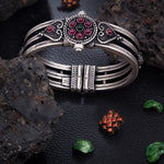 92.5 Sterling Silver Kada in antique finish studded with ruby and emerald