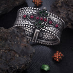 92.5 Sterling Silver Kada in antique finish studded with ruby and emerald