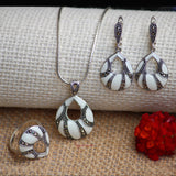 Boondein Set for Women in Silver with White Enamel and Marcasite