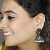 Parnika Silver Jhumka for Women with Pearls and Green Stones