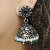 Parnika Silver Jhumka for Women with Pearls and Green Stones