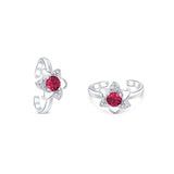 Blossom Red Flower Silver Toe Ring for Women with Zirconia